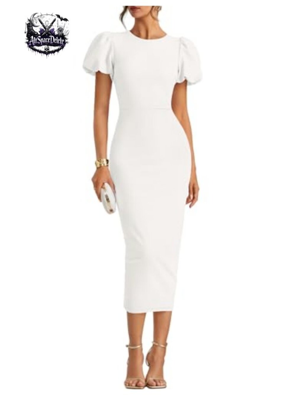 Bodycon Midi Dress Short Puff Sleeve Formal Cocktail Wedding Guest